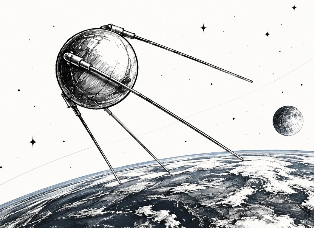 Ilustración en tinta de un satélite Sputnik sobre la Tierra